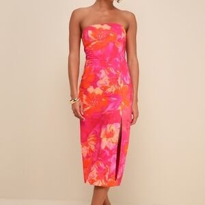 Lulus Bold Tendencies Fuchsia Floral Strapless Cutout Midi Dress Pink - Size M